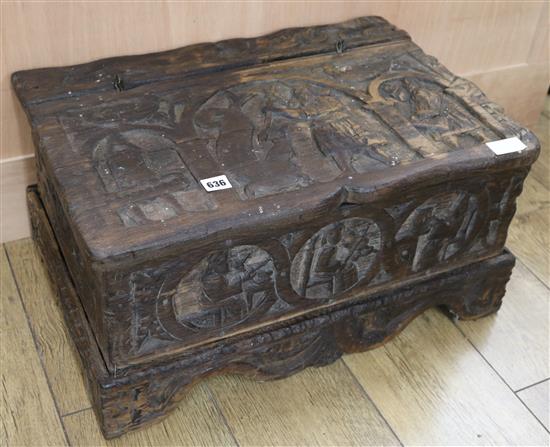 An antique style carved box, W.62cm
